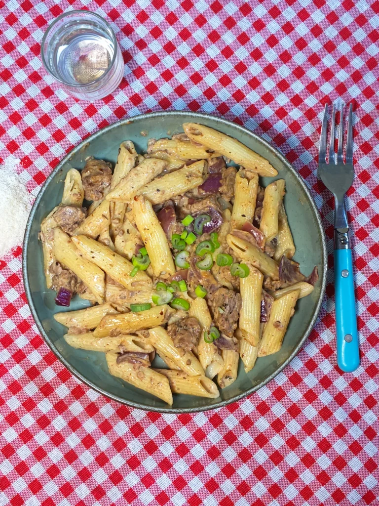 Pâtes à la crème et terrine Térinéo Trois Viandes poêlée