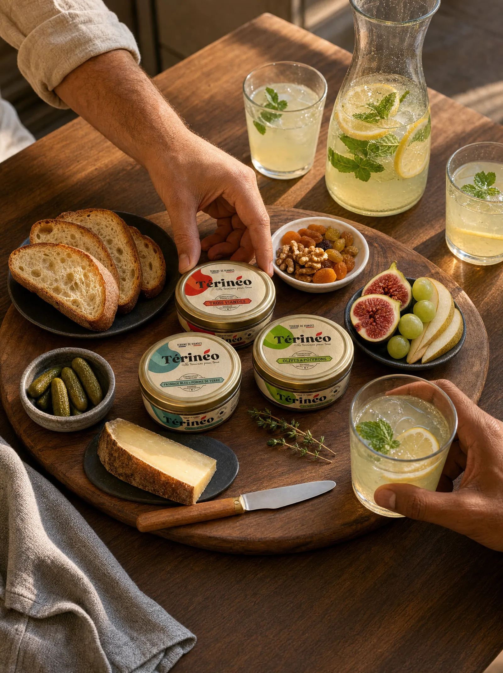 Planche d'apéro avec terrine Térinéo, verres et amuse-bouches entre amis