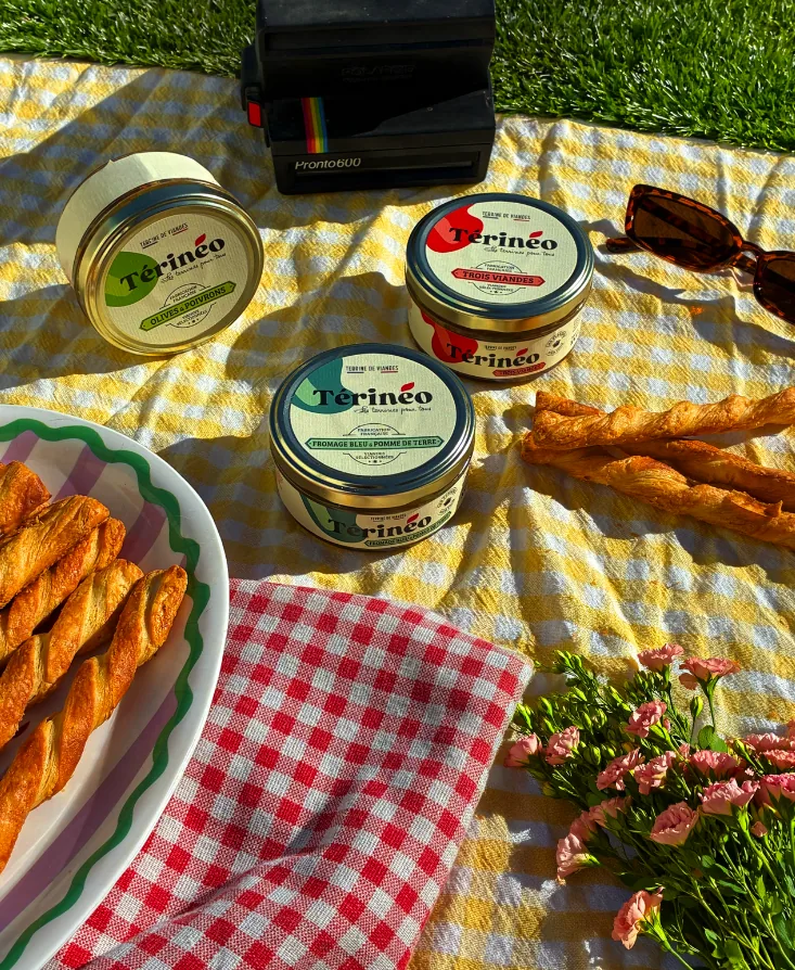 Trois pots Térinéo sur nappe vichy jaune avec gressins et appareil photo